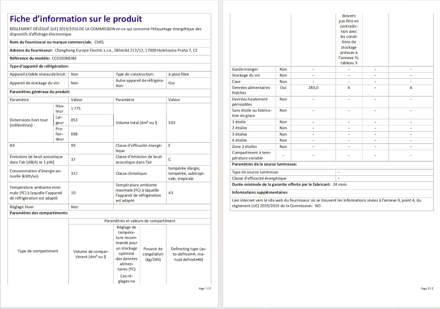 Réfrigérateur Américain À Portes Multiples CCD503NEIBE, 177 Cm De Hauteur, 69 Cm De Profondeur, Total De 503 Litres, Compresseur À Inverter, Aucun Givre, Flux D'Air Multiples, Espace Care, Congé