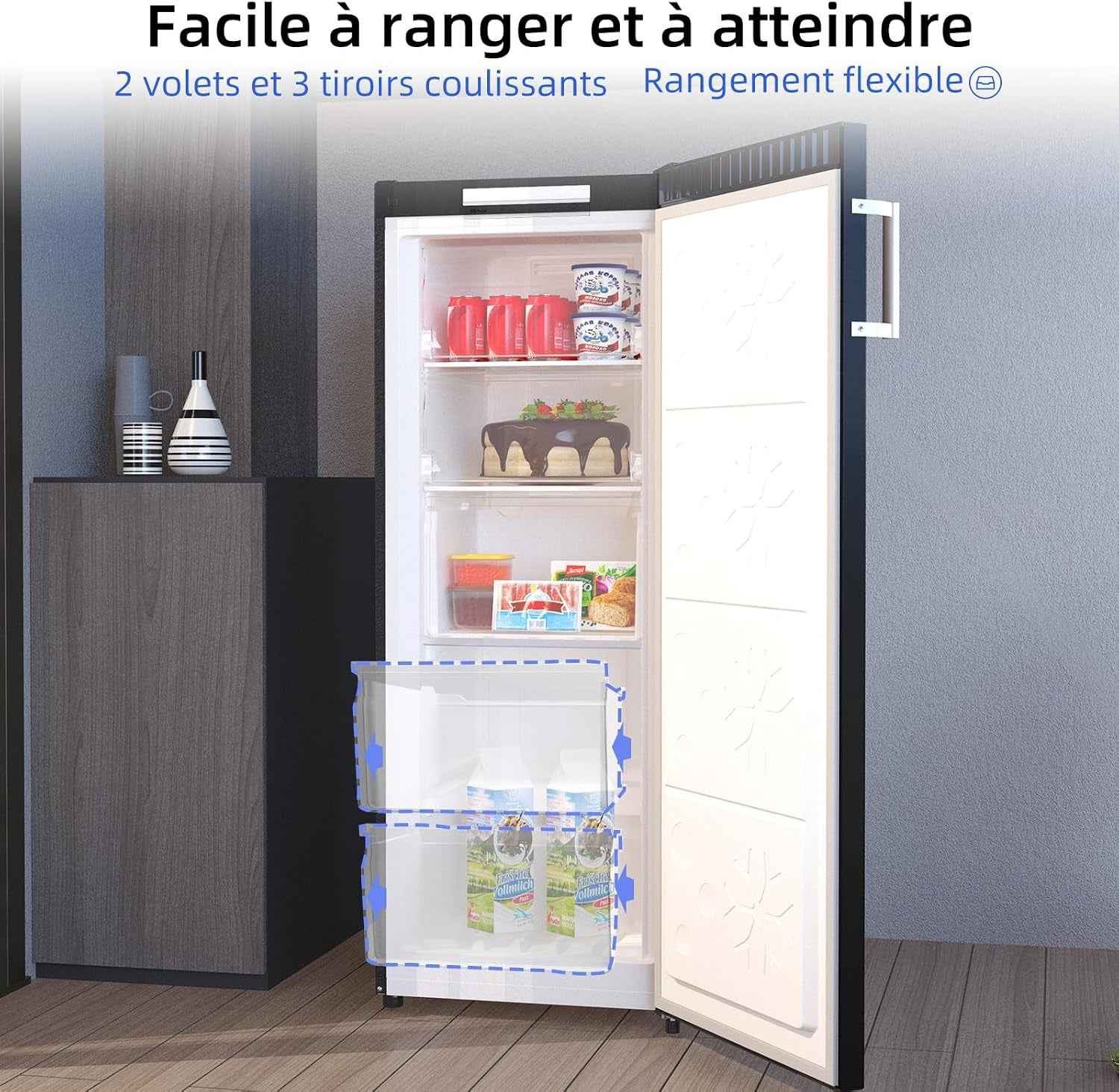 Congélateur Armoire 166L Avec No Frost & 4 Étoiles Noir（Fsd166Ne4E） | 3 Tiroirs, 2 Abattants, Multi Airflow, 144Cm H, Éclairage LED, Porte Réversible, Gain De Place