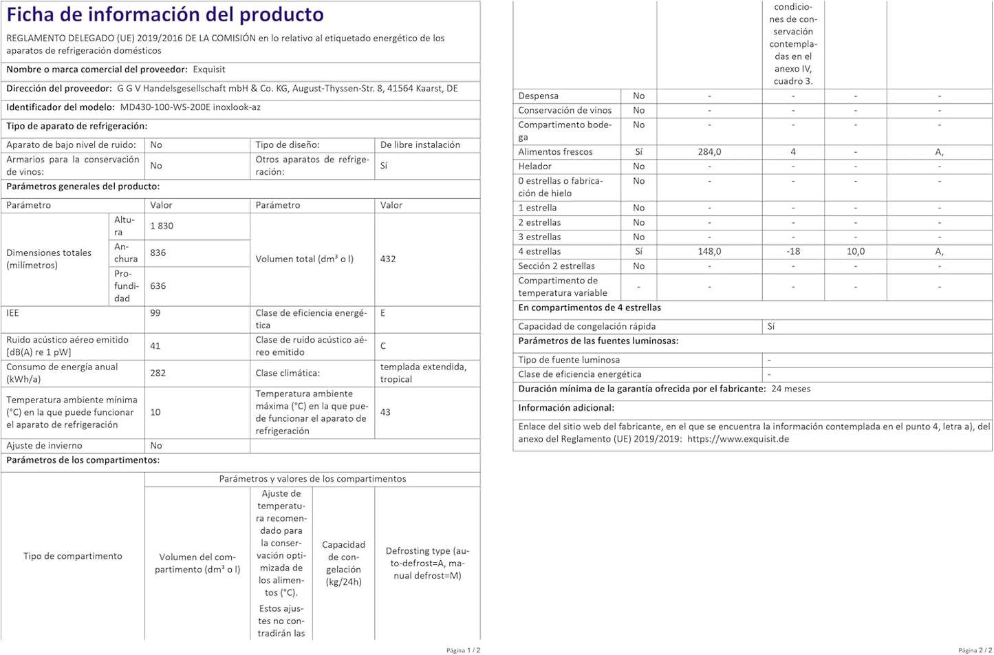 Exquisit MD430-100-WS-200E Stand Kühl-Gefrierkombination, 84Cm Breit, 432 L, Nofrost, Wasserspender, Inoxlook-Az