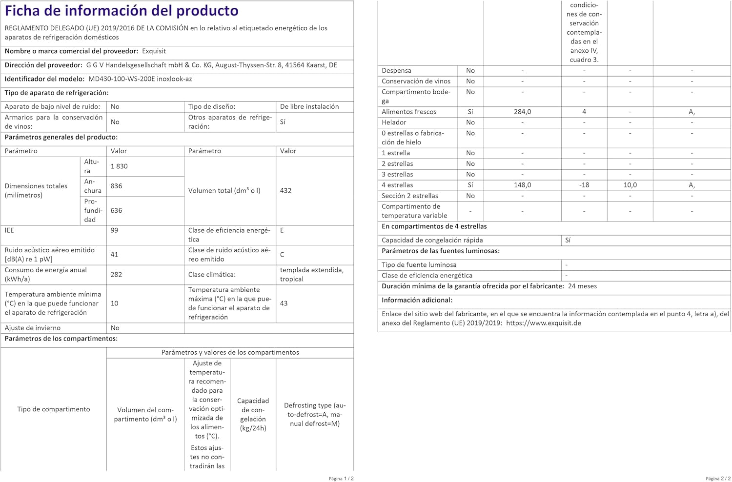 Exquisit MD430-100-WS-200E Stand Kühl-Gefrierkombination, 84Cm Breit, 432 L, Nofrost, Wasserspender, Inoxlook-Az