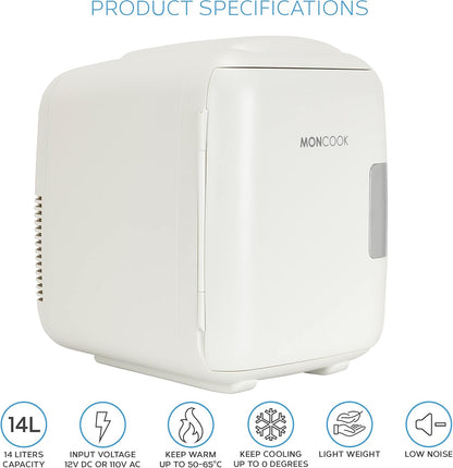 MONCOOK Mini Réfrigérateur - Mini Réfrigérateurs Portables Pour Les Soins De La Peau, La Médecine, La Nourriture Et Les Boissons - Fonction De Refroidissement Et De Réchauffement - 14L - Mono Blanc