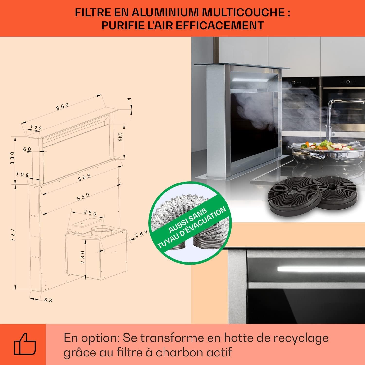 Klarstein Downdraft Hotte Aspirante 90Cm, Encastrable Et Silencieuse Pour Cuisine, Débit D'Air 604M³/H, Filtres Inclus, 10 Modes De Ventilation, Mode Recirculation En Option, Efficacité Énergétique A+