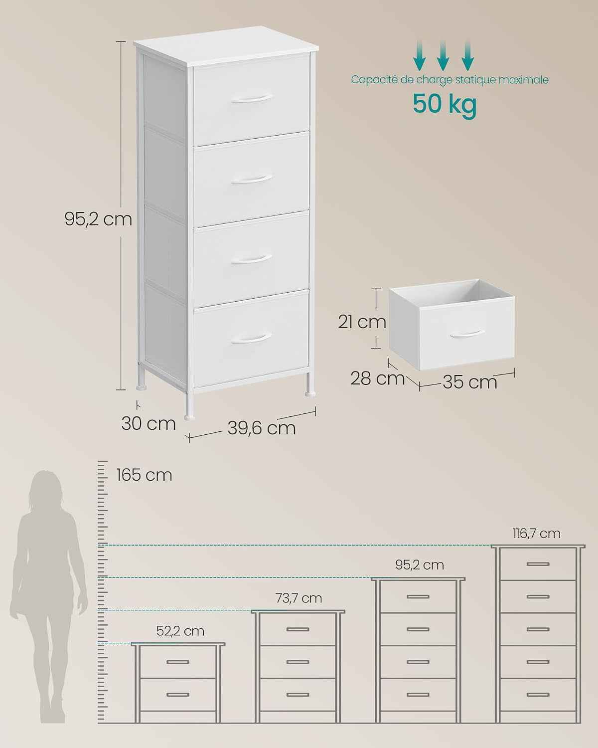 BELLAH Collection - Commode, Meuble De Rangement Pour Chambre, Couloir, Entrée, Salon, Cadre En Acier, 4 Tiroirs, Style Moderne, Blanc Nuage Et Blanc Neige LGS314WH01