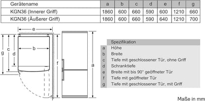 KGN36NLEA Série 2, Réfrigérateur Combiné Pose-Libre - 305L - L 60Cm X H 186Cm - Inox Argent