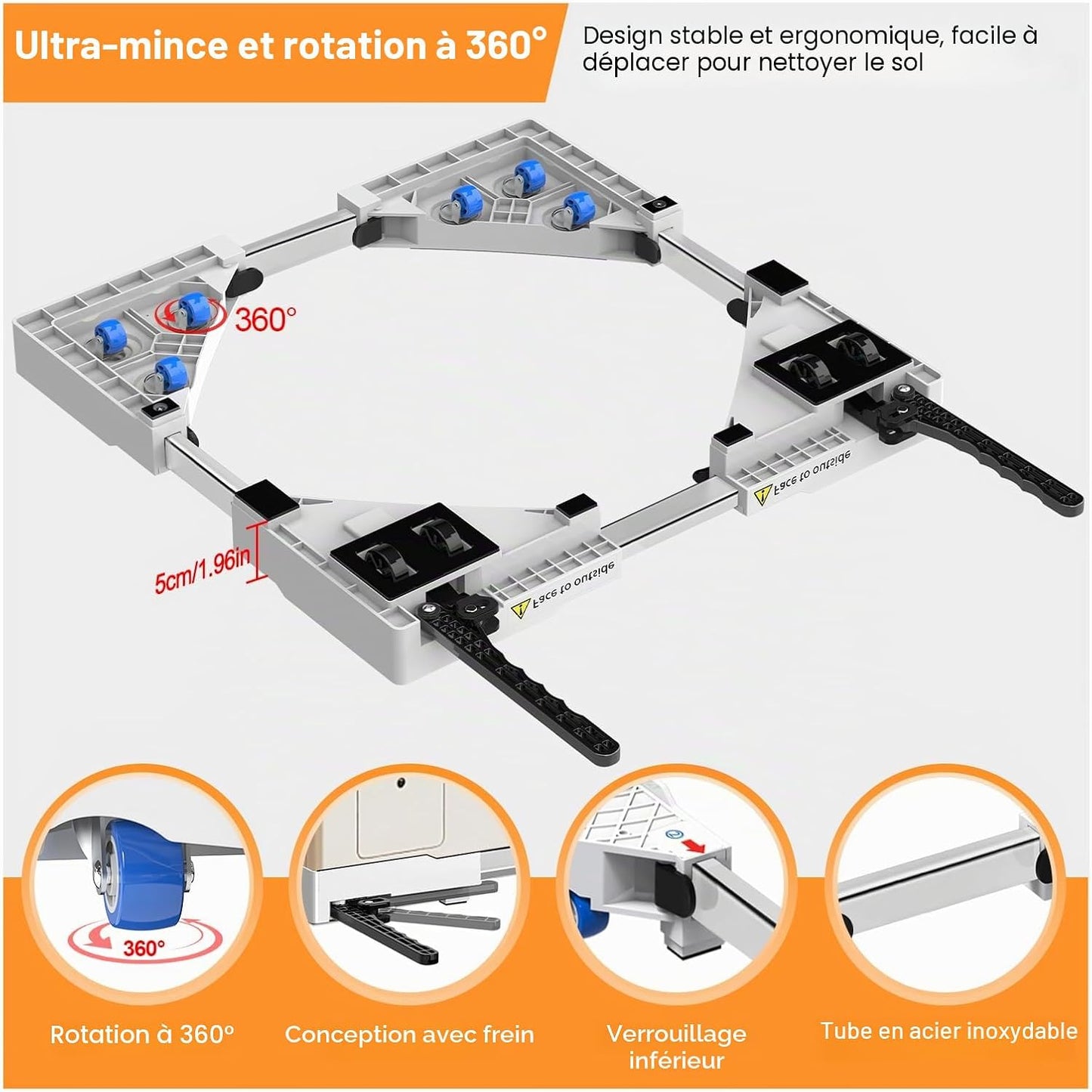 Universel Socle Lave Linge Avec Roulettes Pivotantes À 360° Pour Une Manœuvre Sans Effort, Fonction Anti-Vibrations, Freins Réglables, Taille Ajustable, Pour Lave-Linge Empilés De 42 À 69 Cm | Chariot De Transport De Scooter Avec Rouleau De Taille Réglabl