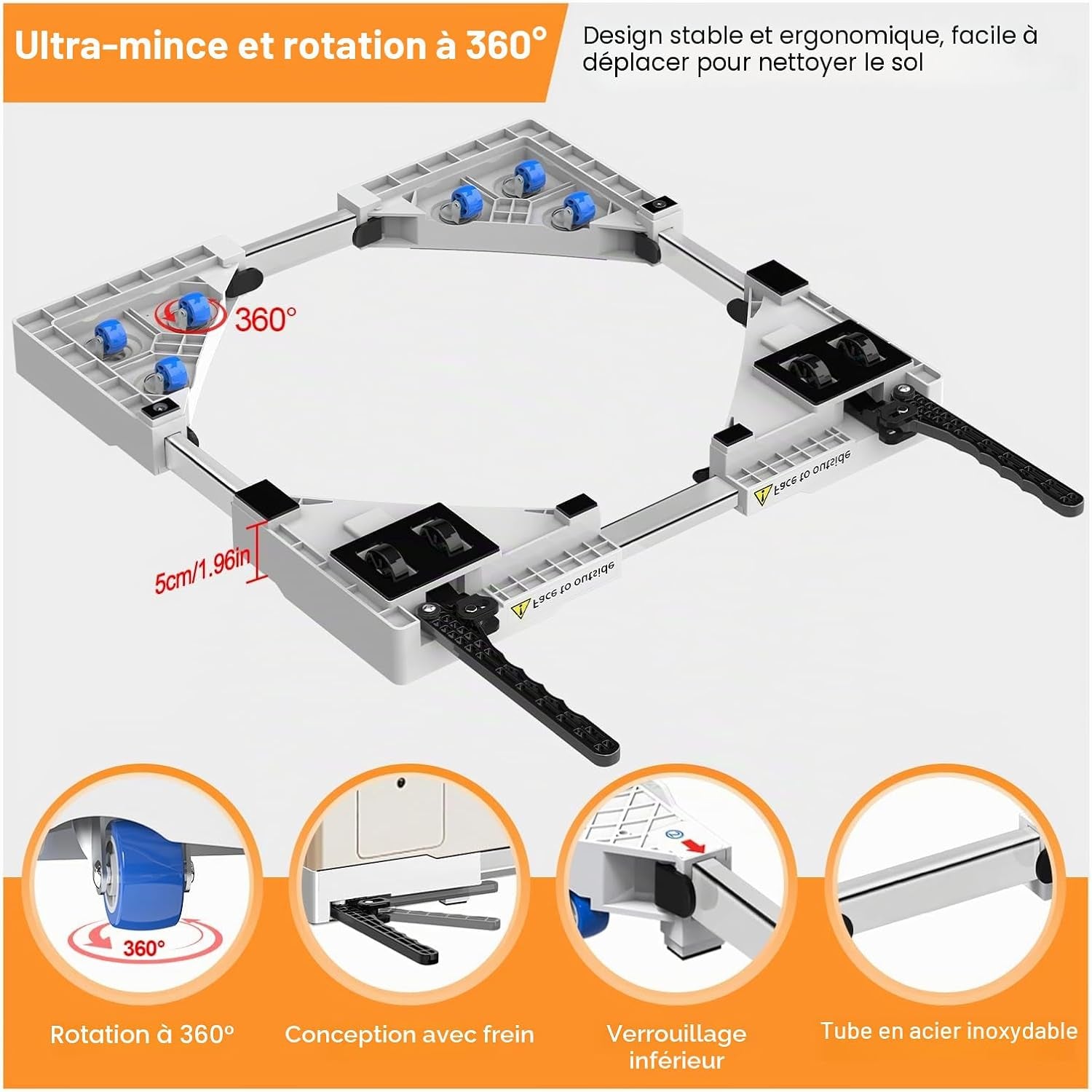 Universel Socle Lave Linge Avec Roulettes Pivotantes À 360° Pour Une Manœuvre Sans Effort, Fonction Anti-Vibrations, Freins Réglables, Taille Ajustable, Pour Lave-Linge Empilés De 42 À 69 Cm | Chariot De Transport De Scooter Avec Rouleau De Taille Réglabl