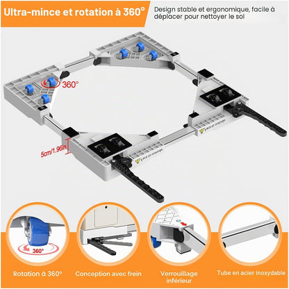Universel Socle Lave Linge Avec Roulettes Pivotantes À 360° Pour Une Manœuvre Sans Effort, Fonction Anti-Vibrations, Freins Réglables, Taille Ajustable, Pour Lave-Linge Empilés De 42 À 69 Cm | Chariot De Transport De Scooter Avec Rouleau De Taille Réglabl