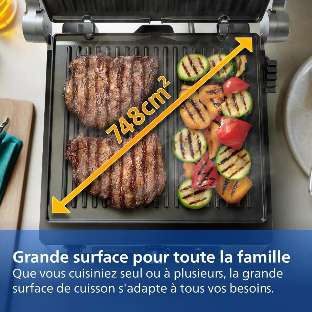 Grill Électrique 5000, Température Réglable, 2200W, Métal | Grill De Table, Ouverture 180°, Grande Surface De Cuisson, Plaques Antiadhésives Amovibles, Facile À Nettoyer (HD6301/90)