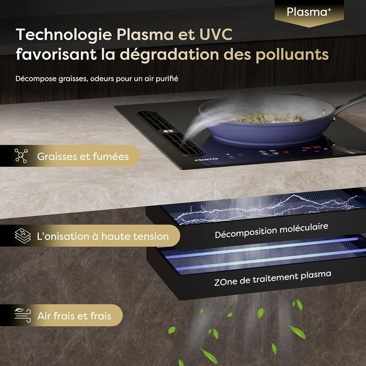 Plaque Induction Avec Hotte Intégrée 2 Feux Flexzone, Plasma Anti-Odeurs