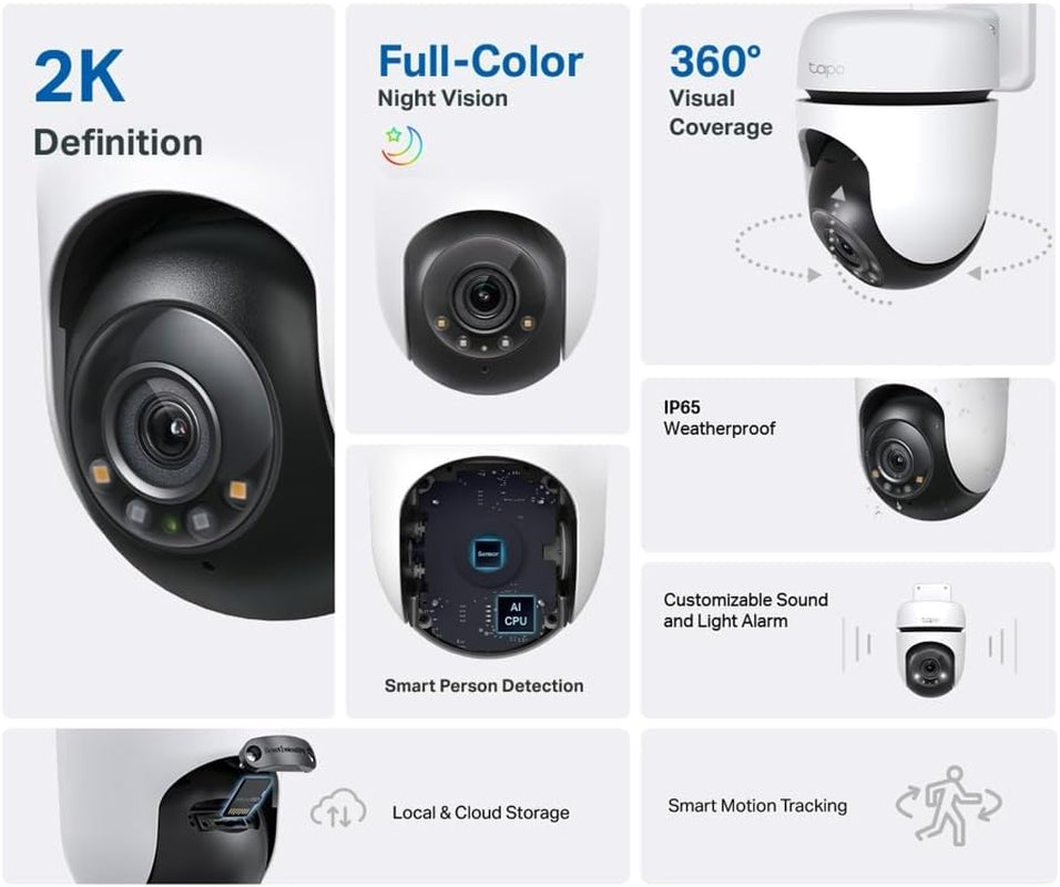 C510W 2K Caméra De Surveillance Wifi Extérieur 360°, Vision Nocturne Couleur, Détection De Personne Et Suivi De Mouvement, Étanche IP65, Alarme Sonore Personnalisable (Lot De 2)