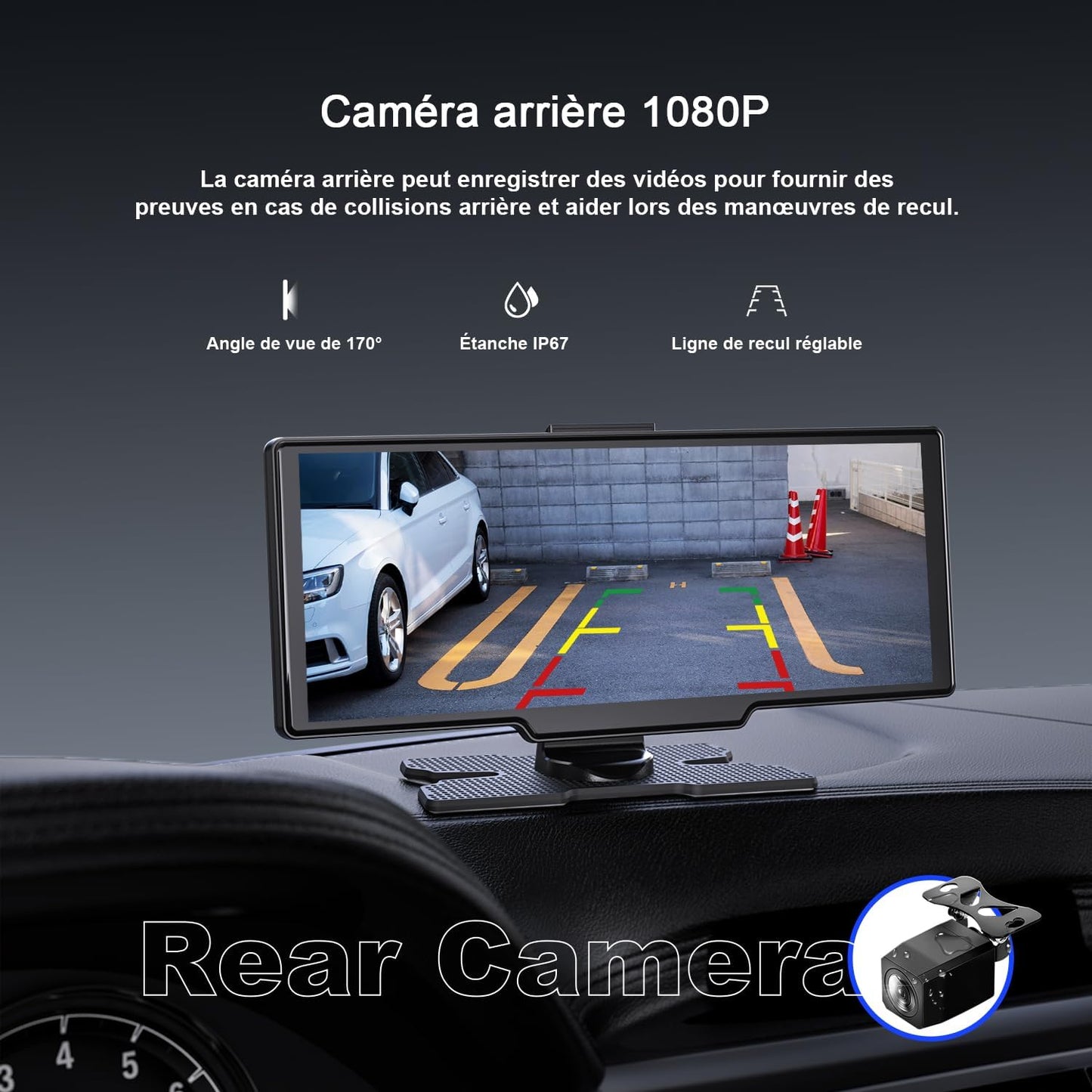 9,26'' Carplay Voiture Apple Carplay & Android Auto, Dashcam Avant | 4K + Caméra De Recul HD, 60FPS, Mise À Jour OTA, GPS, Commande Vocale, Mirror Link, Bluetooth 5.2, AUX, Fm，Avec 64Go Carte