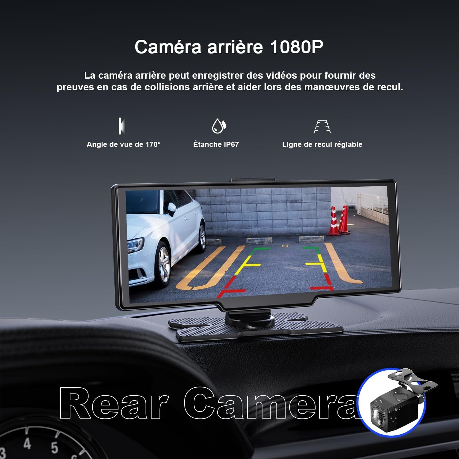 9,26'' Carplay Voiture Apple Carplay & Android Auto, Dashcam Avant | 4K + Caméra De Recul HD, 60FPS, Mise À Jour OTA, GPS, Commande Vocale, Mirror Link, Bluetooth 5.2, AUX, Fm，Avec 64Go Carte