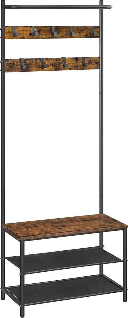 Meuble D’Entrée, Porte-Manteaux, Avec Banc Et Étagère À Chaussures, 9 Crochets Amovibles, Tringle, 32,2 X 64 X 180 Cm, Pour Entrée, Chambre, Style Industriel, Marron Rustique Et Noir HSR411B01