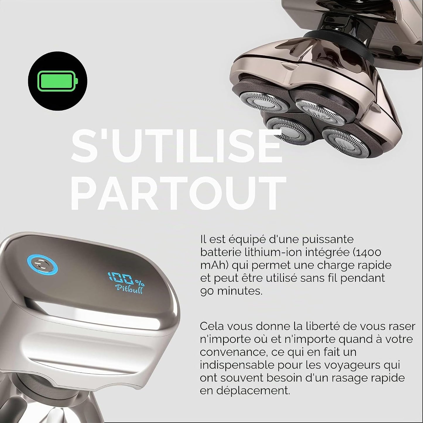 Pitbull Platinum Pro - Rasoir Électrique Homme - Sans Fil, Rechargeable, Humide/Sec, Ergonomique Pour Crâne Chauve - Avec Socle De Rinçage Et Étui De Voyage | Rasoir Électrique Homme, Sans Fil, Rechargeable, Humide/Sec, Crâne Chauve, Avec Socle De Rinçage