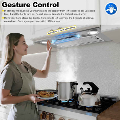 Hotte Aspirante 52Cm Encastrable, 400M³/H Hotte Cuisine, 3 Vitesses & Fonction Booster, Gestuelle, Tactile, Éclairage LED, Évacuation & Recyclage D'Air Avec Filtre À Charbon Et Conduit