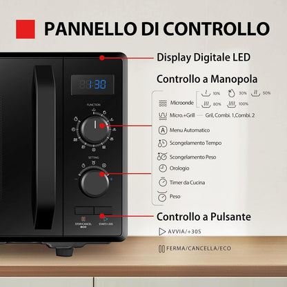 MW2-AG23P (BK) Four À Micro-Ondes Avec Grill Et Cuisson Combinée, 23 L, 8 Menus Facile, Pivotant Avec Mémoire De Position, 900 W, Grill 1050 W, 48,5 X 40,3 X 29,6 Cm, Noir