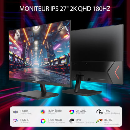 27 Pouces Écran PC Gaming 180Hz - 2K QHD 2560X1440 Ecran PC Gamer 1Ms IPS 115% Srgb Eye Care, Compatible G-Sync, Freesync, VESA Montable Avec Mural, Displayport1.4, HDMI 2.0, Type-C