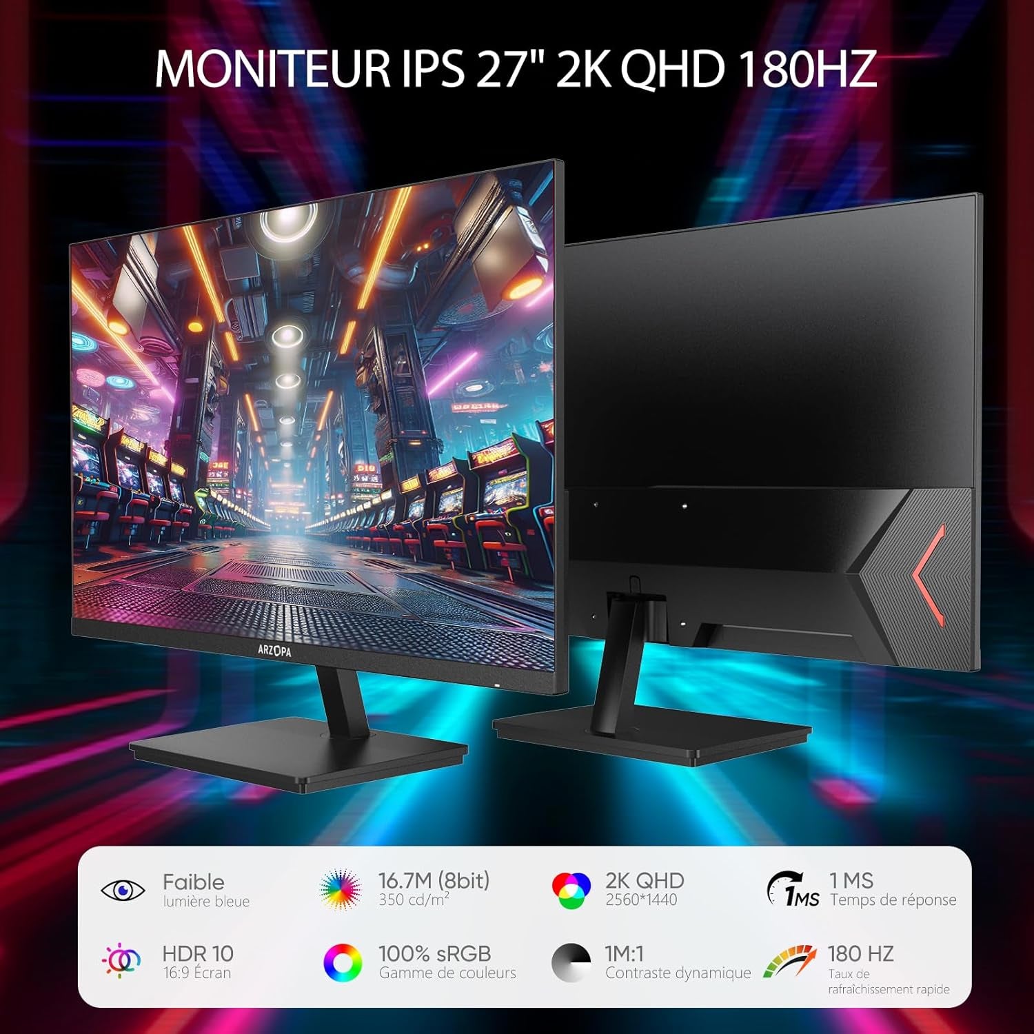27 Pouces Écran PC Gaming 180Hz - 2K QHD 2560X1440 Ecran PC Gamer 1Ms IPS 115% Srgb Eye Care, Compatible G-Sync, Freesync, VESA Montable Avec Mural, Displayport1.4, HDMI 2.0, Type-C