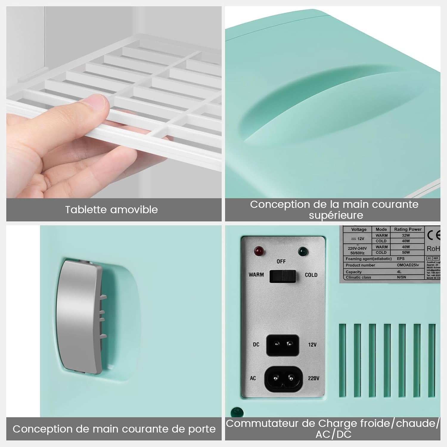 Mini Frigo Portable 4L, Mini Réfrigérateur Cosmétique, Mini Glacière Électrique, Fonction Froid/Chaud, Avec Câble AC 220V/ DC 12V Pour Voiture, Bureau, Chambre (Vert)
