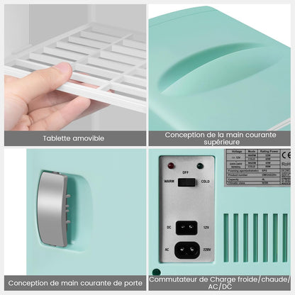 Mini Frigo Portable 4L, Mini Réfrigérateur Cosmétique, Mini Glacière Électrique, Fonction Froid/Chaud, Avec Câble AC 220V/ DC 12V Pour Voiture, Bureau, Chambre (Vert)