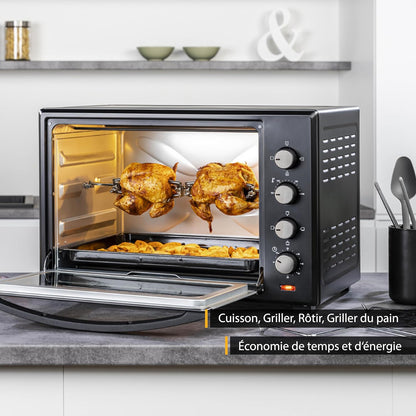 TZS First Austria Mini Four Electrique 45L, Four À Convection 2000W, Réglage De La Température 100-230°, Grille Et Plaque De Four, Double Vitrage, Rôtissoire, Four Electrique Chaleur Tournante, Noir