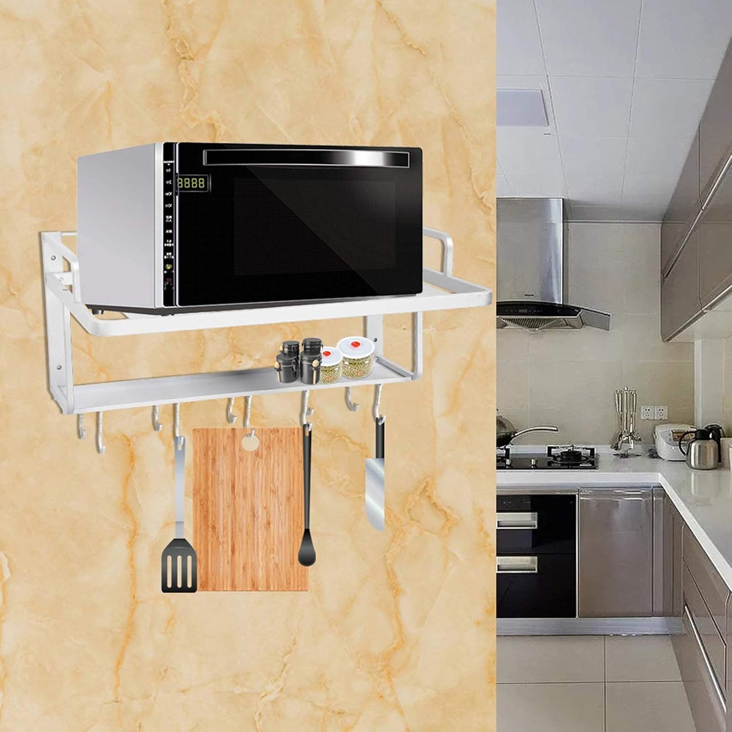 Etagere Micro Ondes Murale, Support De Four À Micro-Ondes, Étagère À Micro-Ondes, Support De Four À Double Couche En Aluminium, Avec Crochet Multifonction Pour Cuisine, 54,9 X 38,4 X 25 Cm