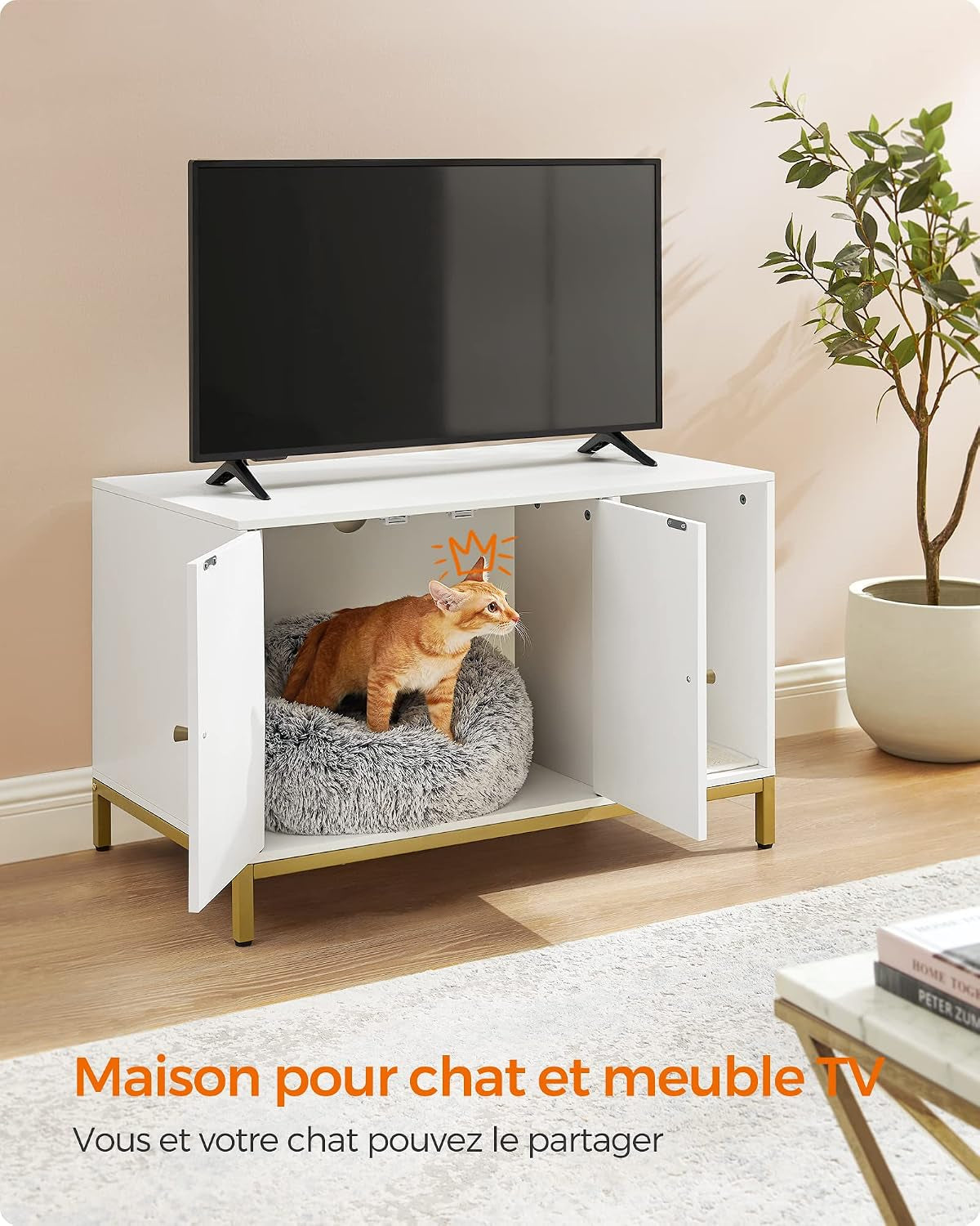 Meuble Litière Pour Chat, Maison De Toilette Pour Chat, Avec Tapis De Grattage, Pieds Hauts, Table D'Appoint, 80 X 50 X 55 Cm, Blanc Et Doré PCL007W01