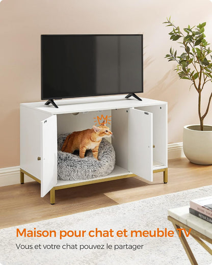 Meuble Litière Pour Chat, Maison De Toilette Pour Chat, Avec Tapis De Grattage, Pieds Hauts, Table D'Appoint, 80 X 50 X 55 Cm, Blanc Et Doré PCL007W01