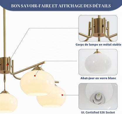 Lighting Lustre À 5 Lumières Globe Flush Mount Sputnik Luminaires Modernes En Suspension En Laiton Doré Appareil D'Éclairage Avec Globe En Verre Laiteux Lustre Pour L'Îlot De Cuisine