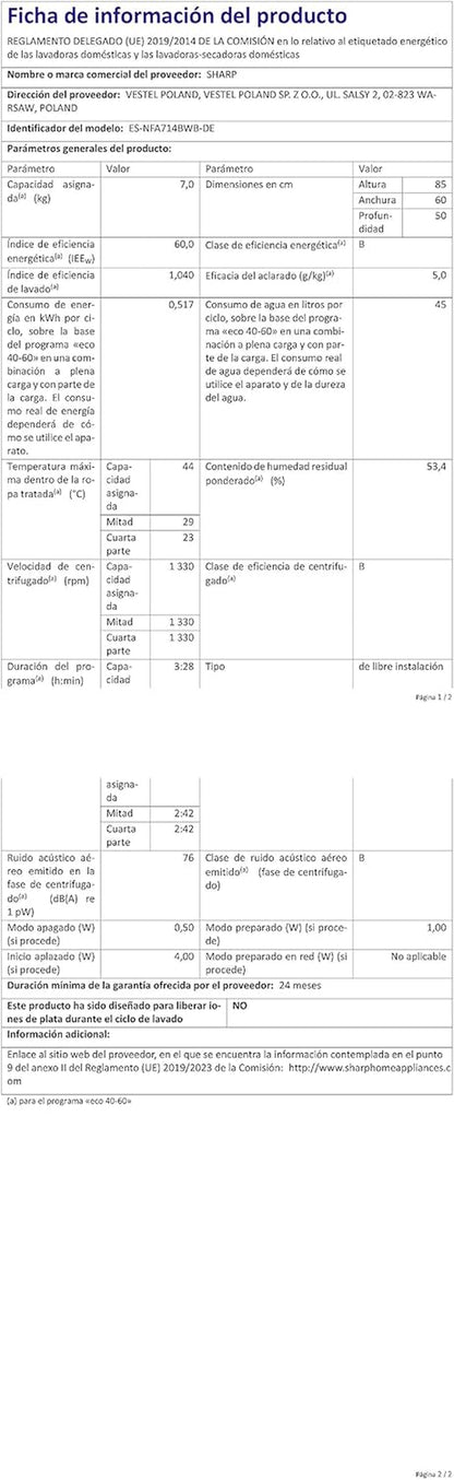 ES-NFA714BWB-DE Machine À Laver À Chargement Frontal/B / 7 Kg / 1400 Tr/Min/Advanced Inverter Motor/Allergy Smart / 15 Programmes Avec Programme Court Aquastop/Blanc
