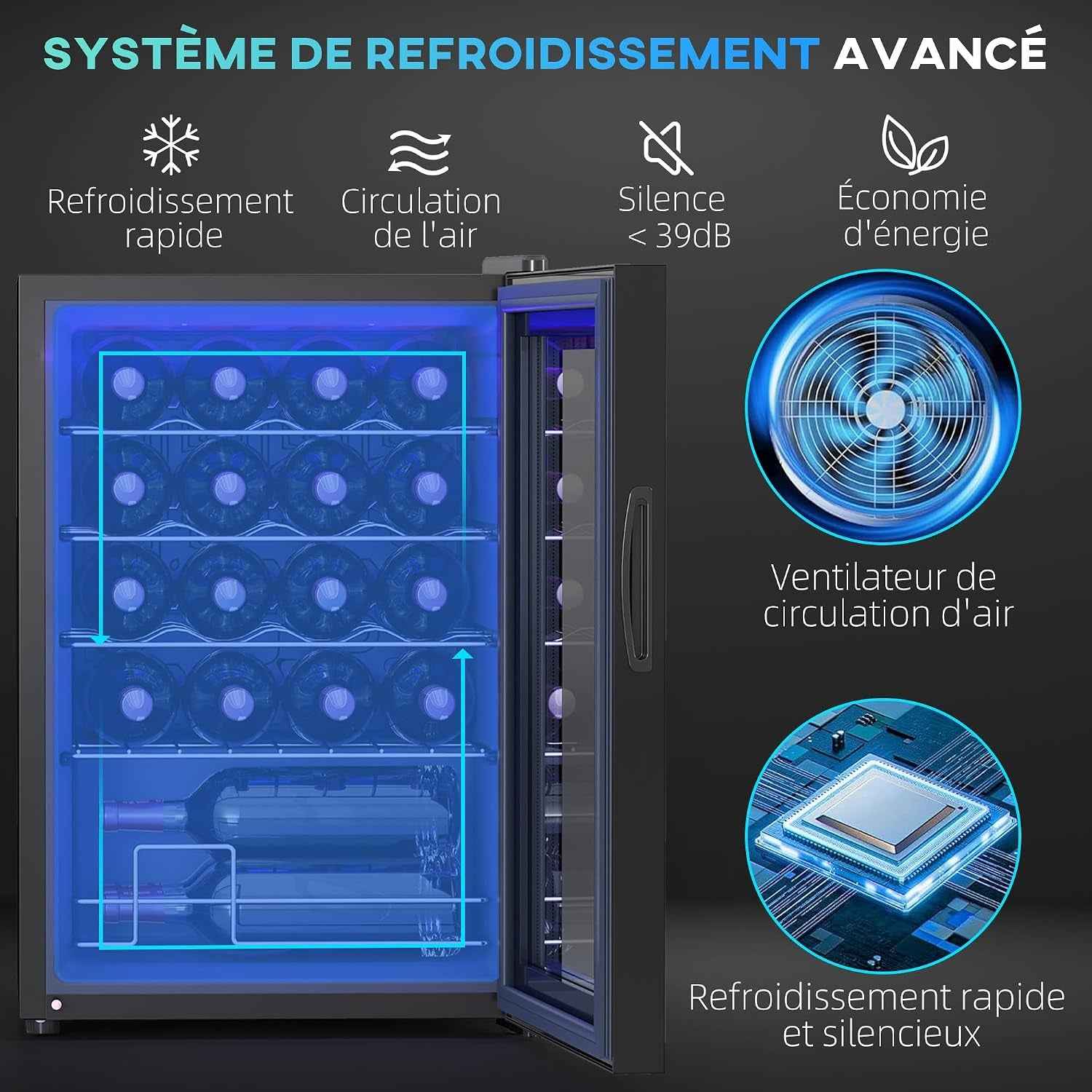 Cave À Vin 20 Bouteilles 53L Réfrigérateur À Vin Silencieux Noir | Porte En Verre, Éclairage LED, Écran Tactile Numérique, Mini Frigo, Contrôle De La Température 5-18°C, Protection UV