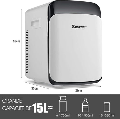 Mini Frigo 15L Mini Réfrigérateur 2 En 1 Fonction De Refroidissement Et De Chauffage, Température -3 ℃ ~ 50 ℃, Mini Frigo Portable 76 Kwh/An Pour Maison/Voiture (Blanc)