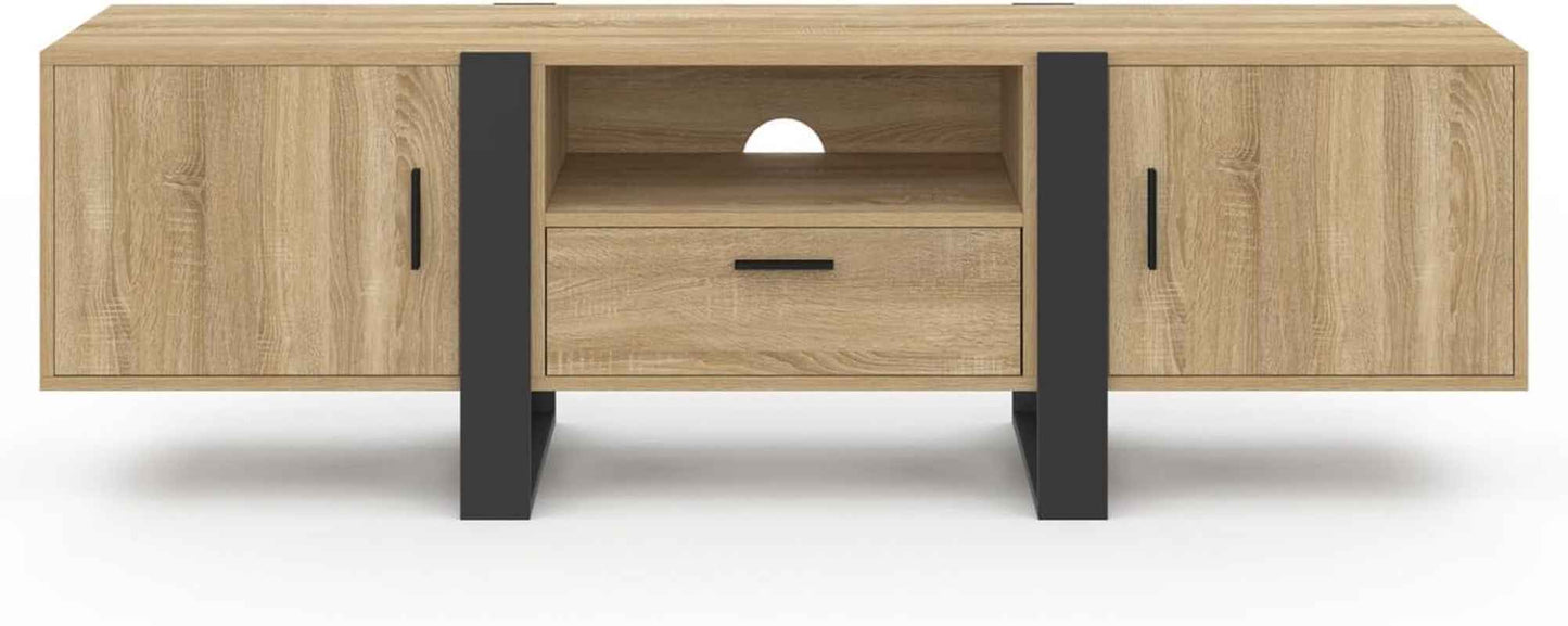 - Meuble TV 160 Cm Phoenix Avec Rangements Bois Et Noir