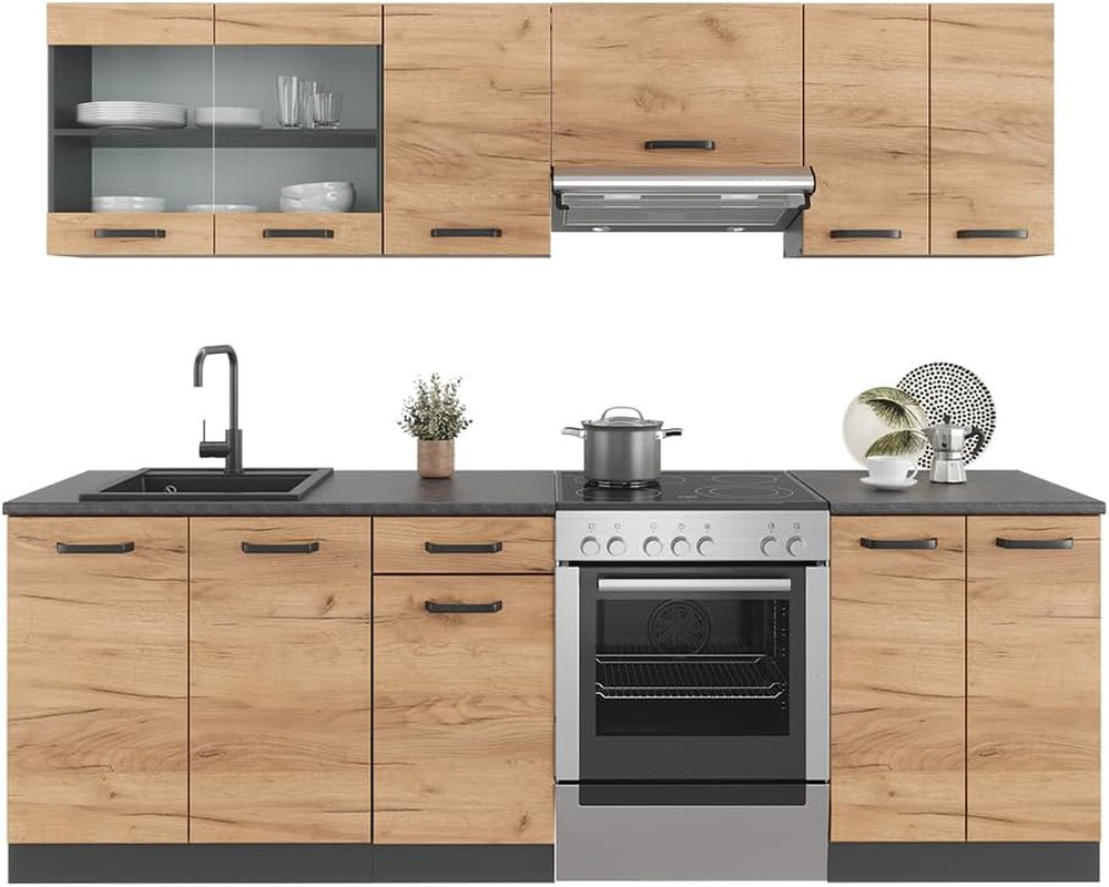 Ligne De Cuisine Raul, Chêne Doré/Anthracite, 240Cm | PT À Motifs Noirs, Combinable De Manière Flexible Avec Des Éléments Modulaires
