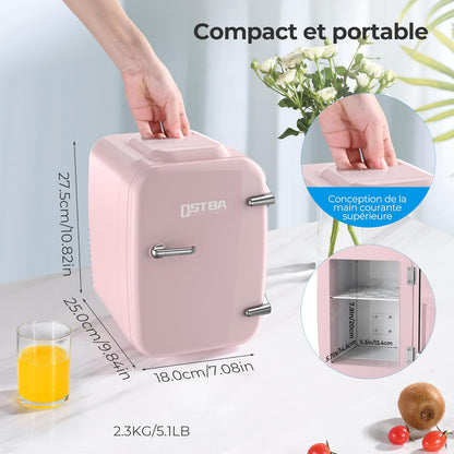 OSTBA APPLIANCE Mini Frigo Portable, 4 Litres /6 Boîtes Boissons & Soin De La Peau Mini Petit Frigo Pour Chambre, Voiture, Bureau, Deux Vitesses - Refroidisseur Et Réchauffeur (Rose)