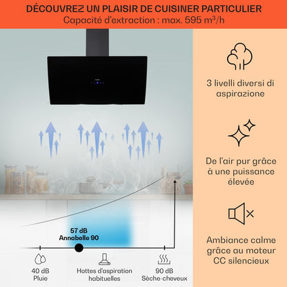 Hotte Aspirante 90Cm, Hottes De Cuisine Inclinées, Filtre De Hotte En Aluminium, Débit D'Air Puissant 641M³/H, LED, Ecran Tactile, Extracteur D'Air Silencieux, Efficace Avec Evacuation