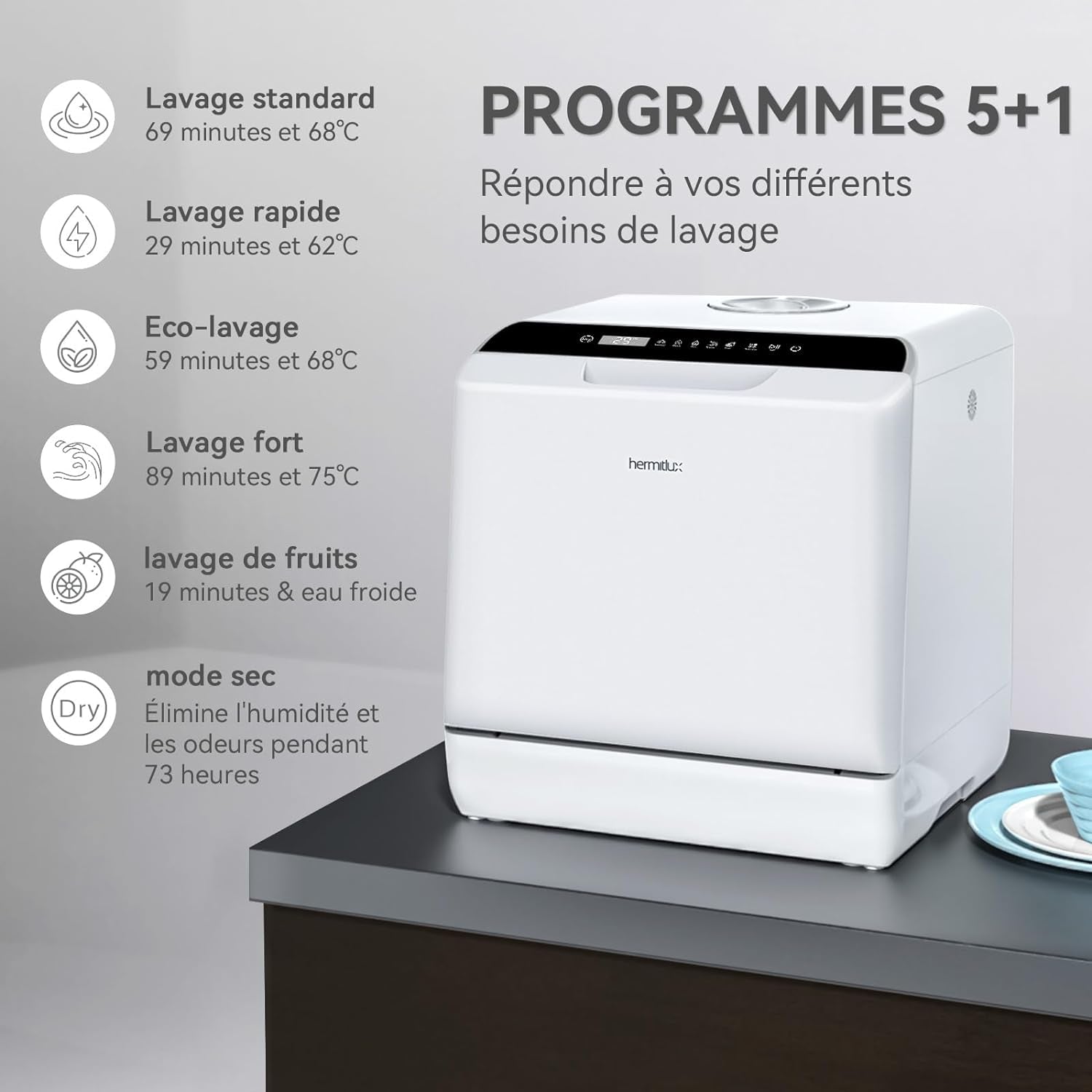 Mini-Lave-Vaisselle, Lave-Vaisselle De Comptoir, Utilisable Avec Robinet Ou Sans Robinet, Largeur De 43 Cm, Capable De Contenir 4 Sets, Adapté Au Camping, 175 Kwh/An, Blanc