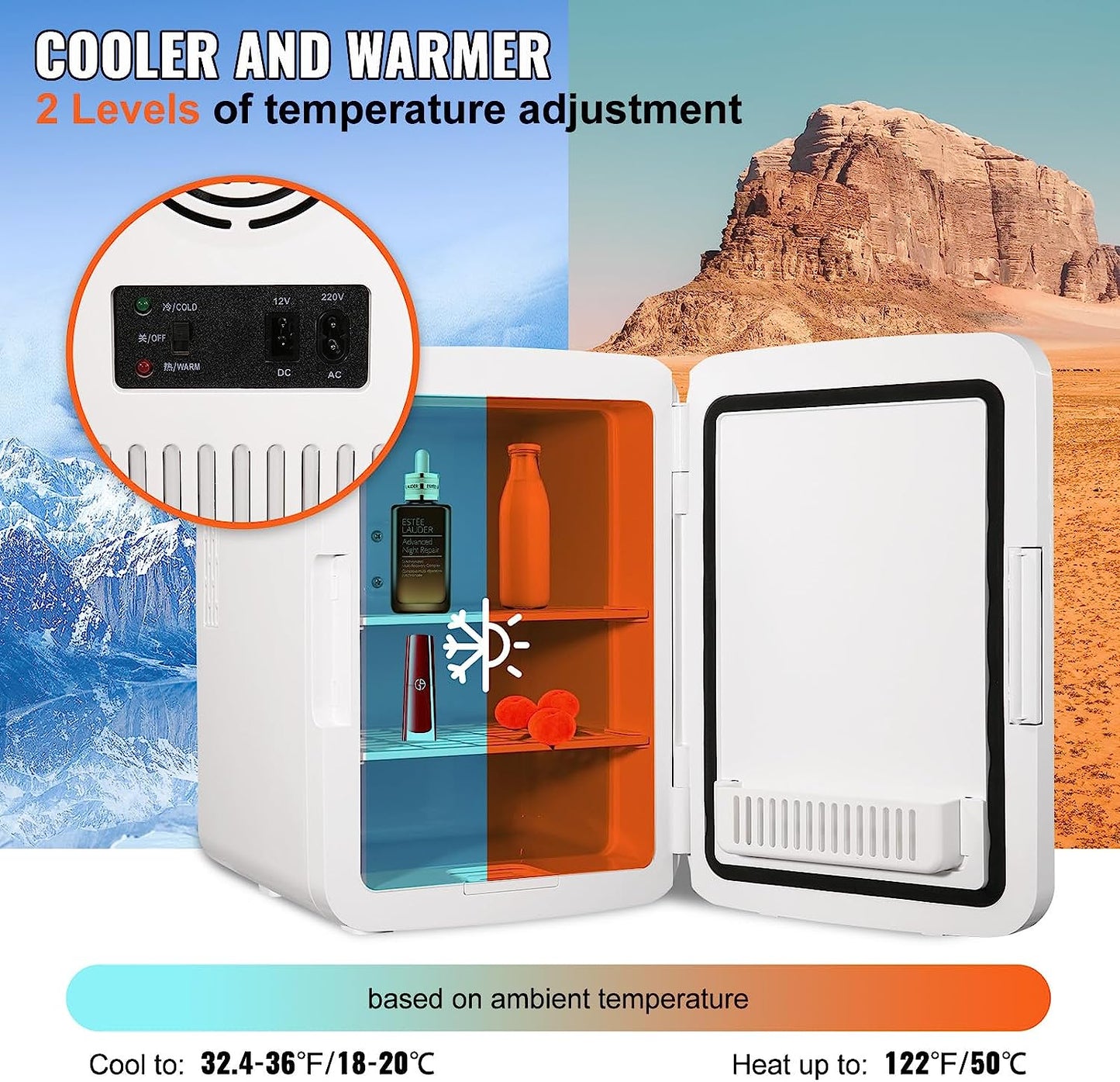 Mini Frigo 10 L 12 Canettes De 330 Ml Mini Réfrigérateur Portable 12 V DC/220 V AC Petit Frigo Cosmétique Double Mode Chaud/Froid 0,2 À 50 ℃ Pour Aliments Boissons Médicaments Cosmétiques Noir