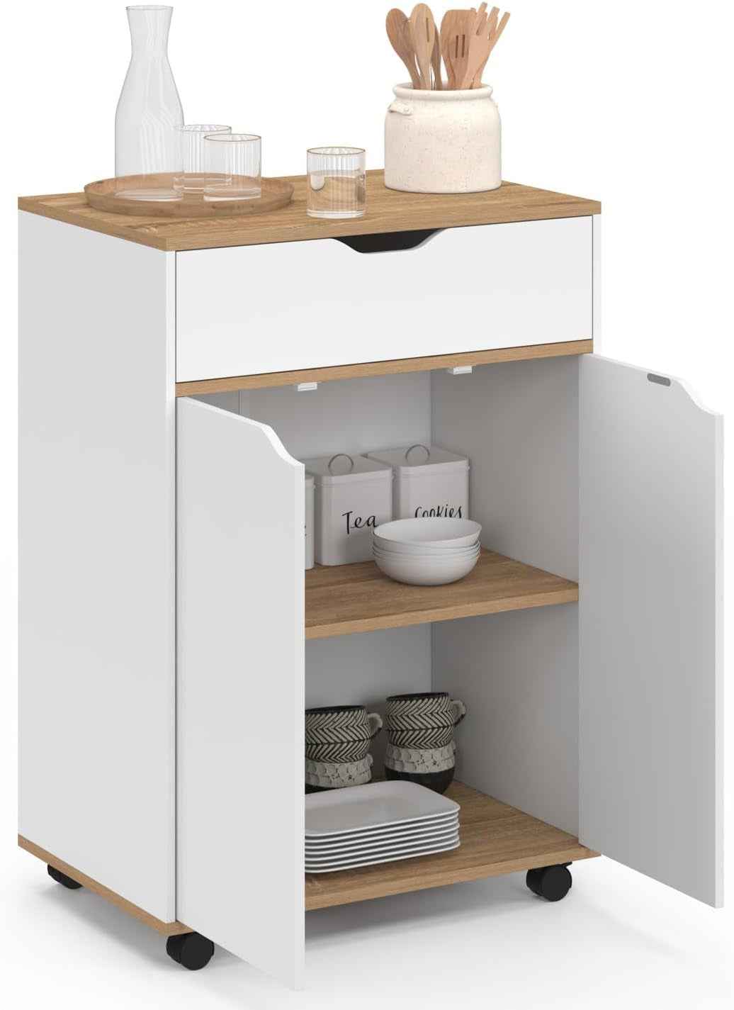 - Desserte De Cuisine Cosy Blanc Et Bois | Avec Placard Et Tiroir, L. 60 Cm