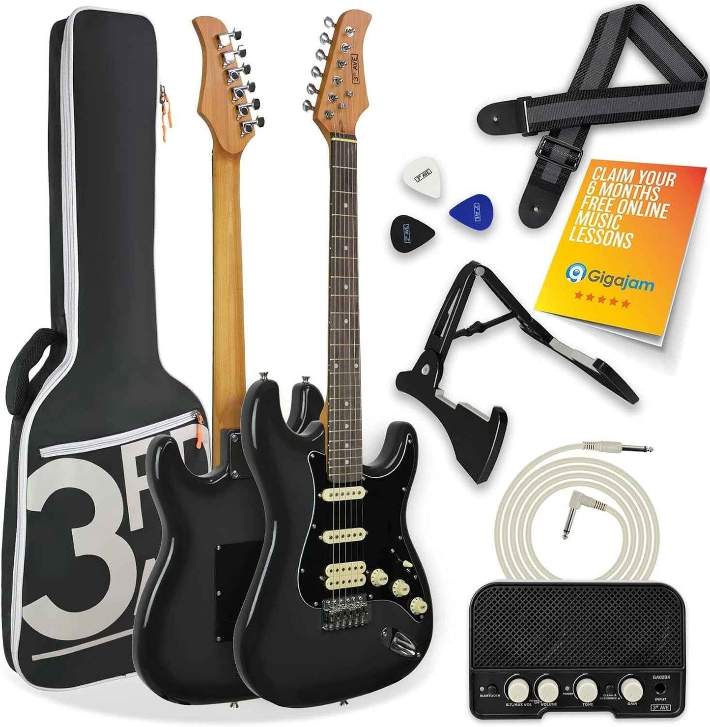 Stateside Guitare Électrique 4/4 Kit Ultime Avec Amplificateur 5 W, Câble, Support, Sac De Transport Rembourré, Sangle, Médiators, Leçons Gratuites - Rushmore Grey
