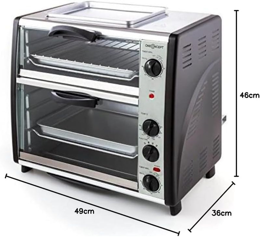 Oneconcept All-You-Can-Eat - Four Grill, Four Électrique, Four Double, 42L Au Total, 2400W, Température Réglable, 60-240°, Timers, 2X Plaques, Fenêtre Large, Broche, Poids 7Kg, Argent