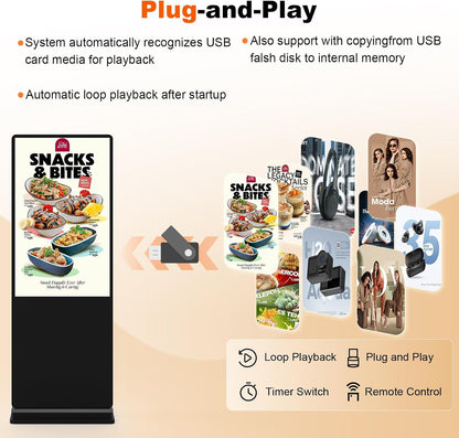 65" Écran Publicitaire 4K, Totem Affichage Autoportant IPS, Luminosité 450 Nits, Système Android, Ecran Publicitaire Interactive Pour Commerces Et Restaurants, Hdmi/Usb/Wifi, Tactile