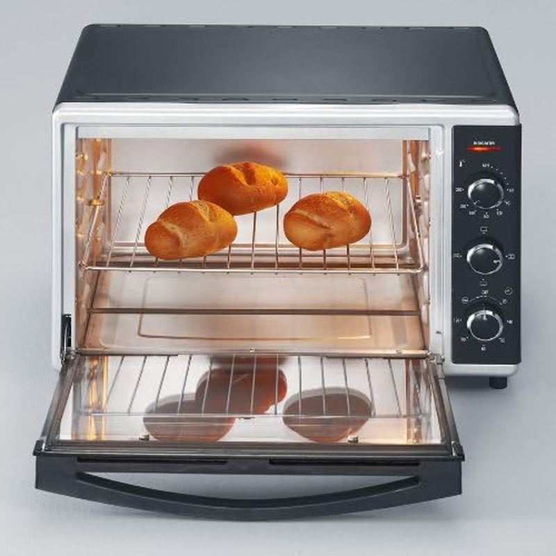 Mini-Four À Chaleur Tournante 42 L Avec Pierre À Pizza Et Tournebroche, Four Posable 1 800 W Design Élégant, Électrique Avec Minuteur 120 Min, Noir/Inox, to 2058