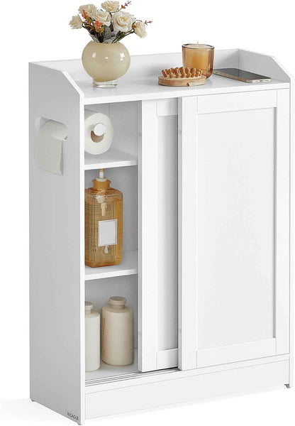 Meuble WC, Meuble Toilette, Pour Salle De Bain, Rangement Papier Toilette, Pour Brosse WC, Portes Coulissantes, Étagères Réglables, À Côté Des WC, 20 X 60 X 80 Cm, Blanc Nuage BBC752W01