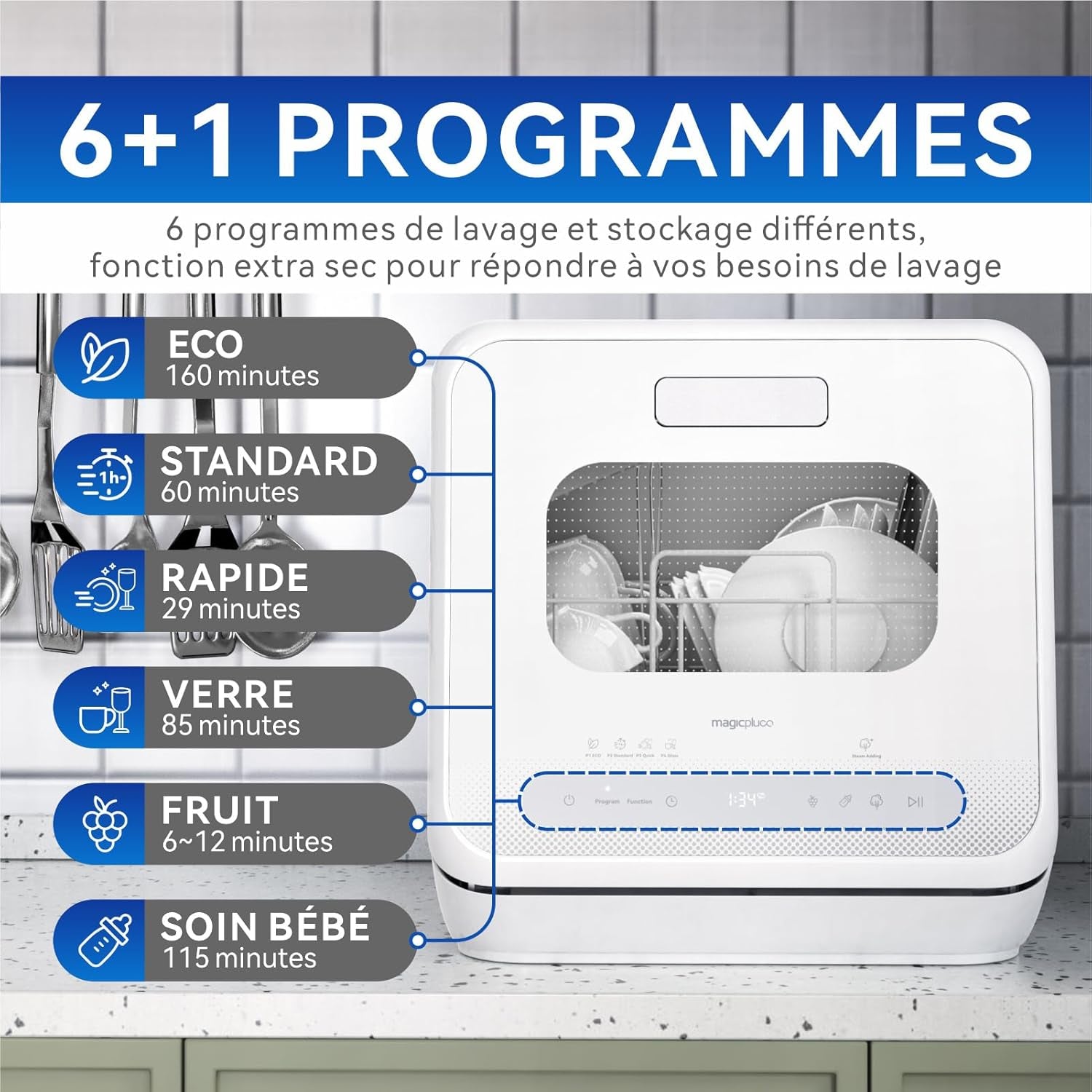 Mini Lave-Vaisselle De Table, Lave-Vaisselle Avec 6+1 Programmes, Départ Différé, Fenêtre De Visualisation, Pour La Maison Et Bureau, 4 Couverts, Avec Raccordement À L'Eau, Blanc