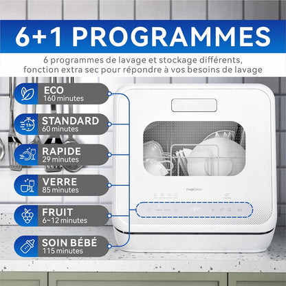 Mini Lave-Vaisselle De Table, Lave-Vaisselle Avec 6+1 Programmes, Départ Différé, Fenêtre De Visualisation, Pour La Maison Et Bureau, 4 Couverts, Avec Raccordement À L'Eau, Blanc