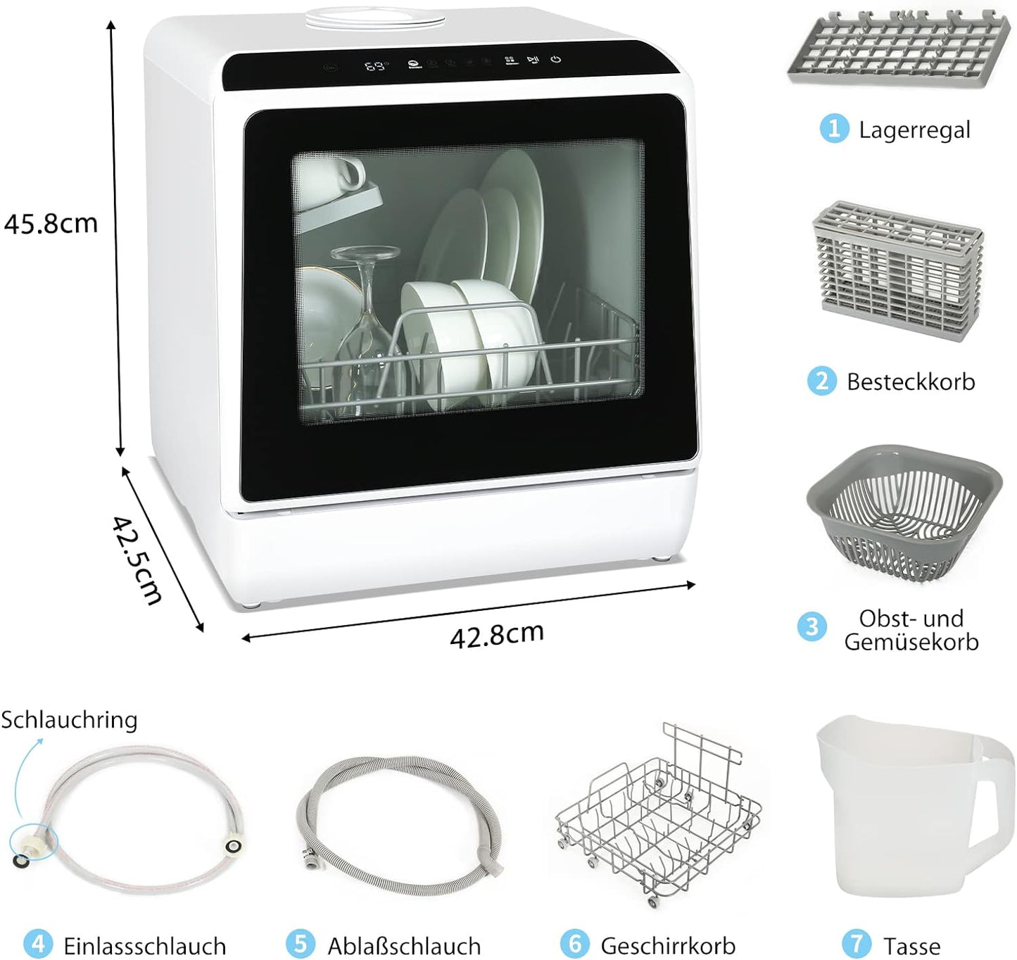 Mini Lave-Vaisselle De Table, Petit Lave-Vaisselle Portable Avec 6 Programmes, Réservoir D'Eau 5L, Commande Tactile, Écran LED, Pour Appartements Dortoirs Camping