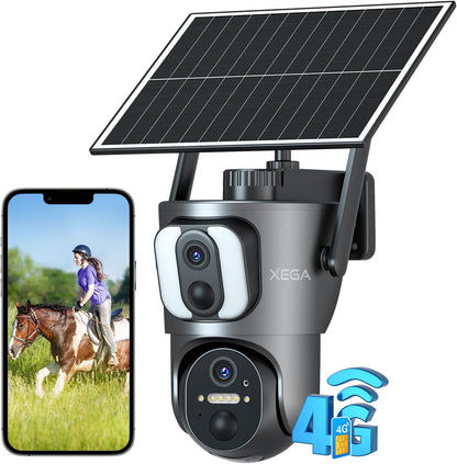 4G LTE Caméra Solaire【Double Objectif】Avec Carte Sim, 14400Mah Camera Extérieure Sans Fil, Détection De Personne 2K HD Inclinable 355°/100°, Autonome Sur Batterie,Vision Nocturne IP66 (Non Wifi)
