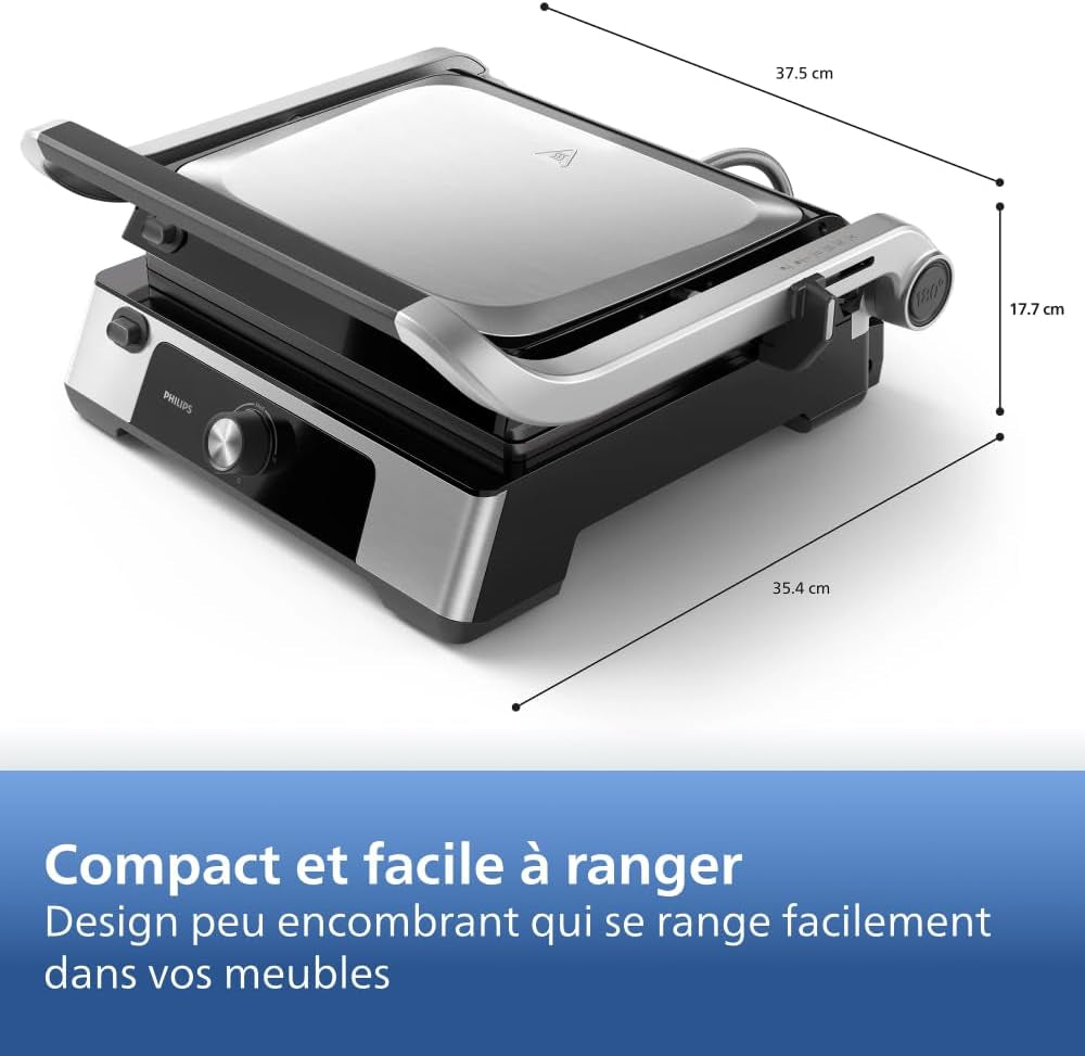 Grill Électrique 5000, Température Réglable, 2200W, Métal | Grill De Table, Ouverture 180°, Grande Surface De Cuisson, Plaques Antiadhésives Amovibles, Facile À Nettoyer (HD6301/90)