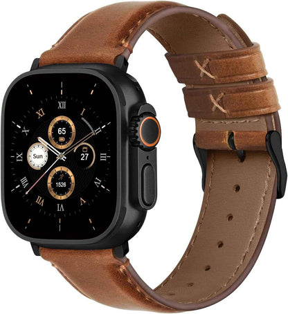 Bracelet En Cuir Véritable Pour Apple Watch 49/46/44/45Mm | Compatible Avec Iwatch Ultra3/2/1 SE3/2/1 Série 11/10/9/8/7/6/5/4 Pour Homme Femme, Marron+Boucle Noir